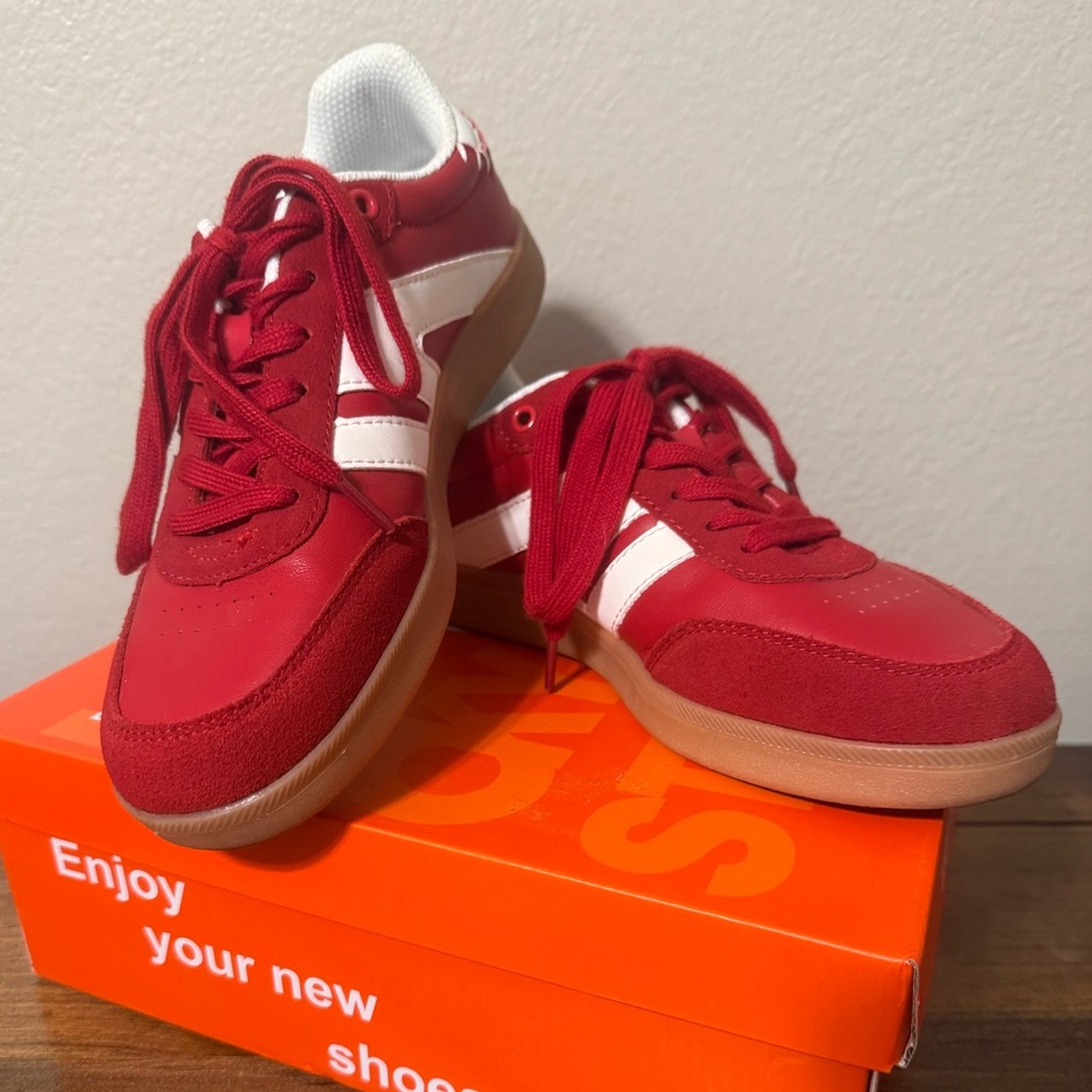 Women’s Red Low-Top Sneakers with White Side Stripes